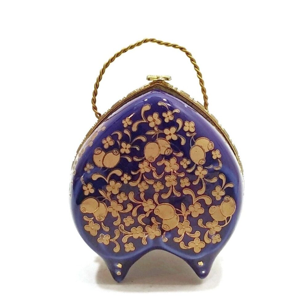 Heart Jewelry Box Chinese Trinket Small Jewelry Storage Ornament Blue/Gold VTG